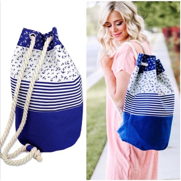 1 LEFT! Nautical Navy Ivory Beach Bucket Bag Tote Vacation Bag - Picture 2 of 7